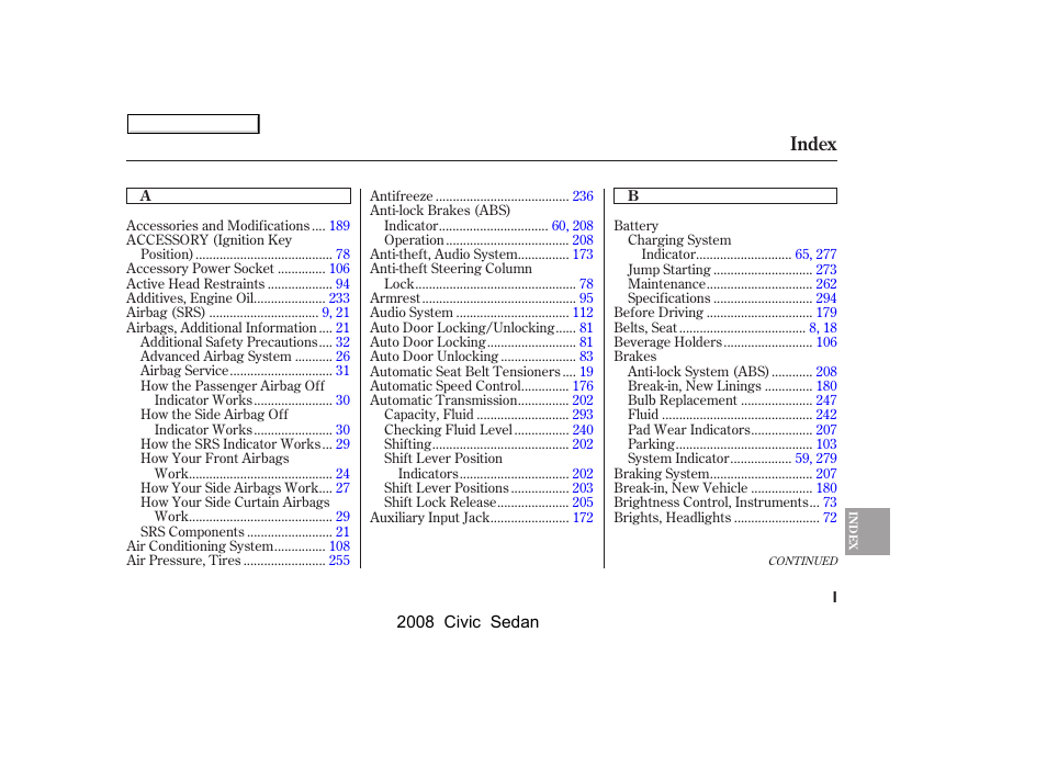 Index | HONDA 2008 Civic Sedan User Manual | Page 314 / 324