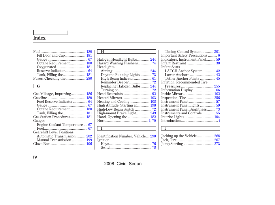 Index | HONDA 2008 Civic Sedan User Manual | Page 317 / 324