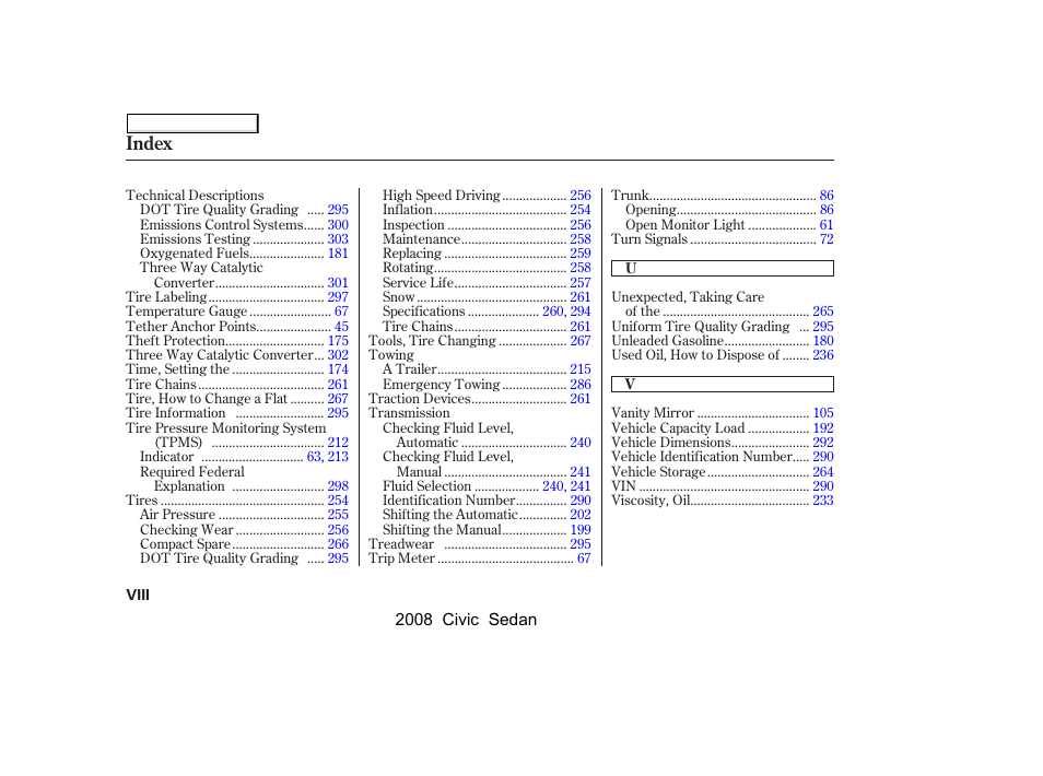Index | HONDA 2008 Civic Sedan User Manual | Page 321 / 324