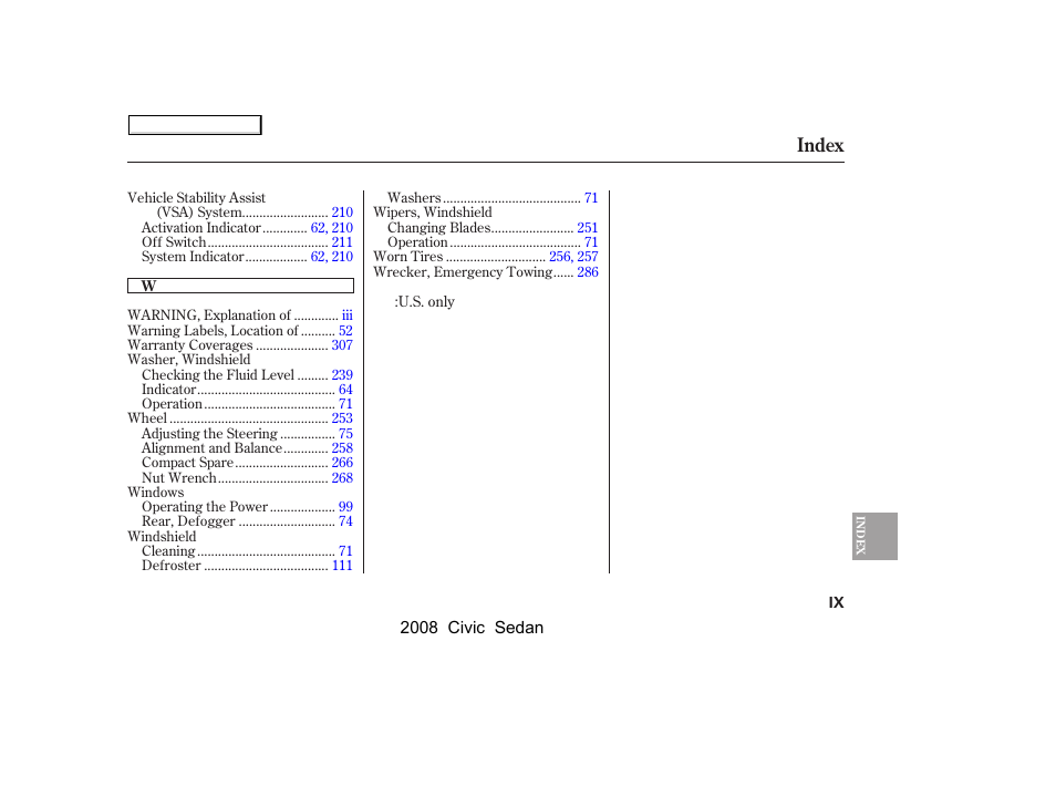 Index | HONDA 2008 Civic Sedan User Manual | Page 322 / 324