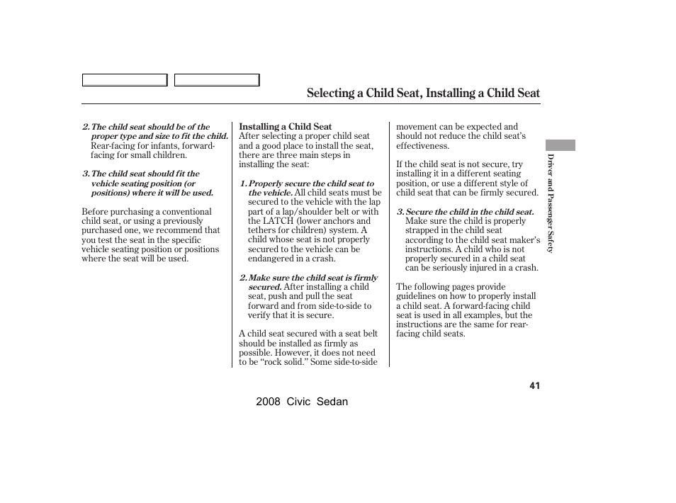 Selecting a child seat, installing a child seat, 2008 civic sedan | HONDA 2008 Civic Sedan User Manual | Page 44 / 324