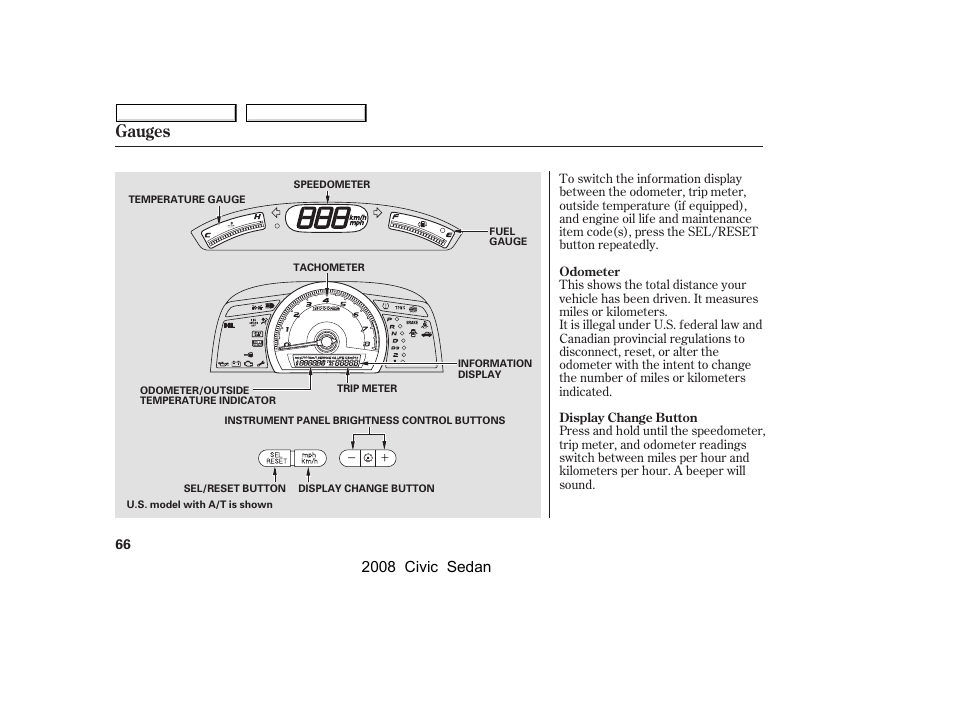 Gauges, 2008 civic sedan | HONDA 2008 Civic Sedan User Manual | Page 69 / 324