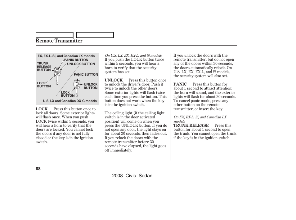 Remote transmitter, 2008 civic sedan | HONDA 2008 Civic Sedan User Manual | Page 91 / 324