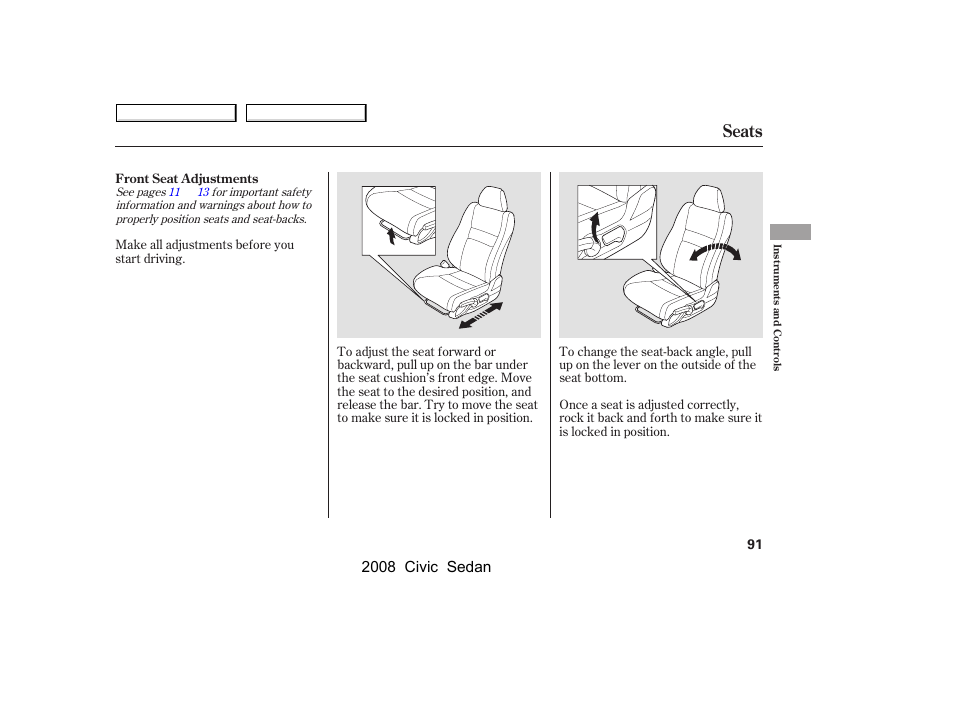 Seats, 2008 civic sedan | HONDA 2008 Civic Sedan User Manual | Page 94 / 324