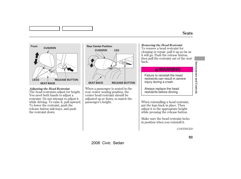 Seats, 2008 civic sedan | HONDA 2008 Civic Sedan User Manual | Page 96 / 324