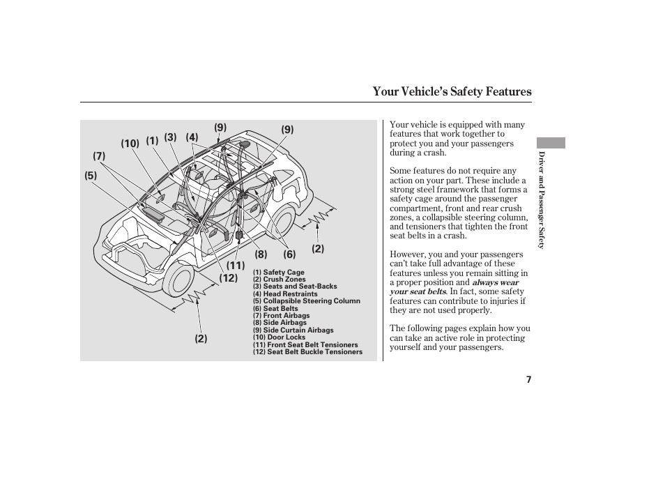 Your vehicle’s safety features | HONDA 2008 User Manual | Page 13 / 374