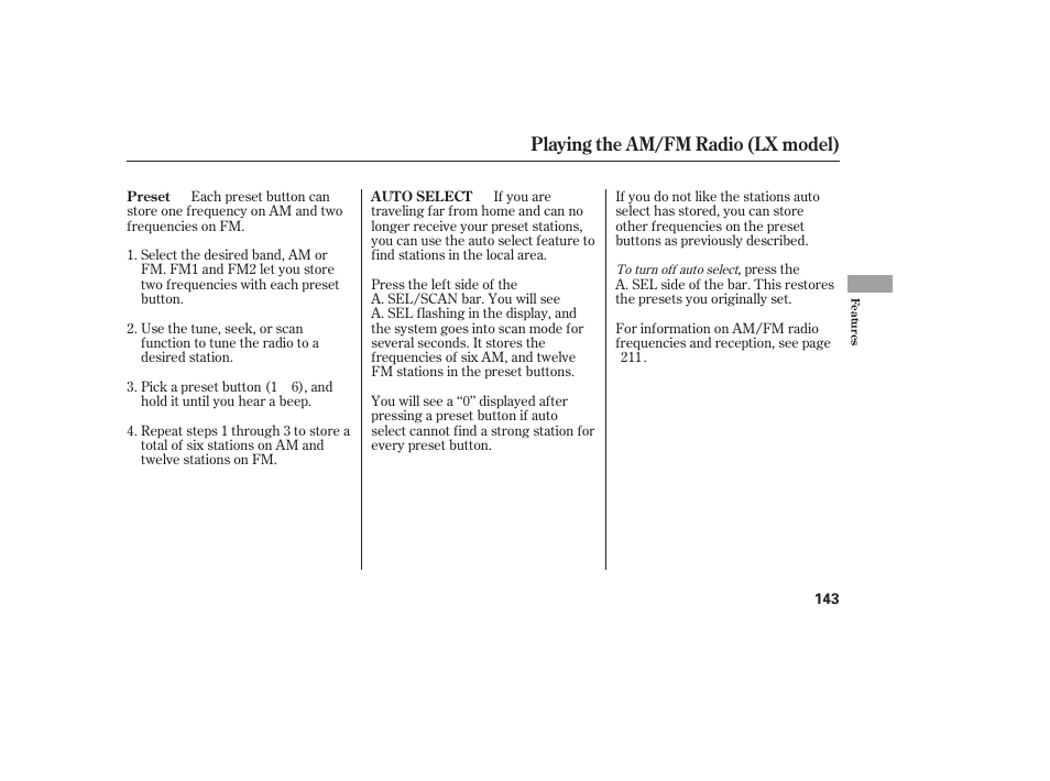 Playing the am/fm radio (lx model) | HONDA 2008 User Manual | Page 149 / 374