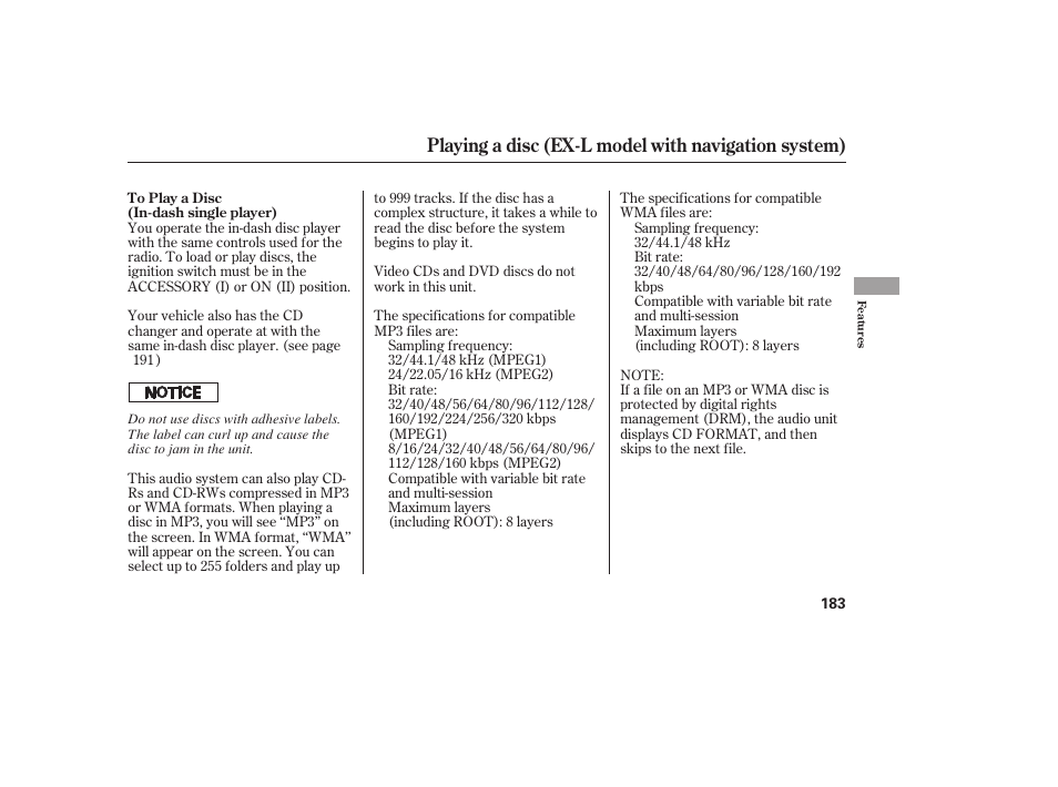 Playing a disc (ex-l model with navigation system) | HONDA 2008 User Manual | Page 189 / 374