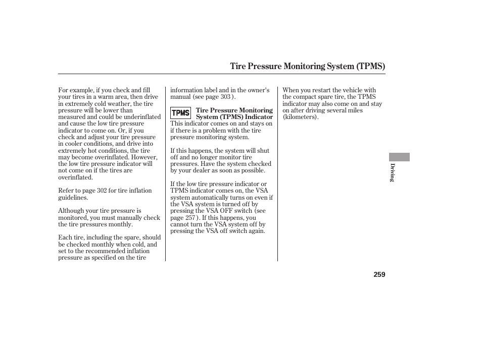 Tire pressure monitoring system (tpms) | HONDA 2008 User Manual | Page 265 / 374
