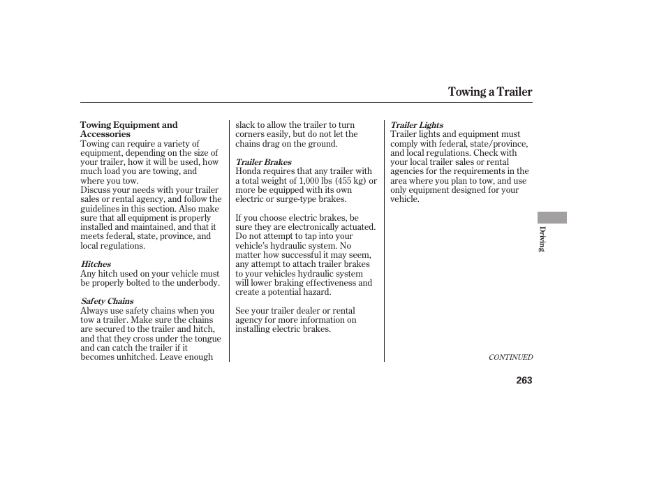 Towing a trailer | HONDA 2008 User Manual | Page 269 / 374