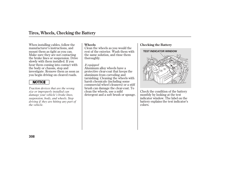 Tires, wheels, checking the battery | HONDA 2008 User Manual | Page 314 / 374