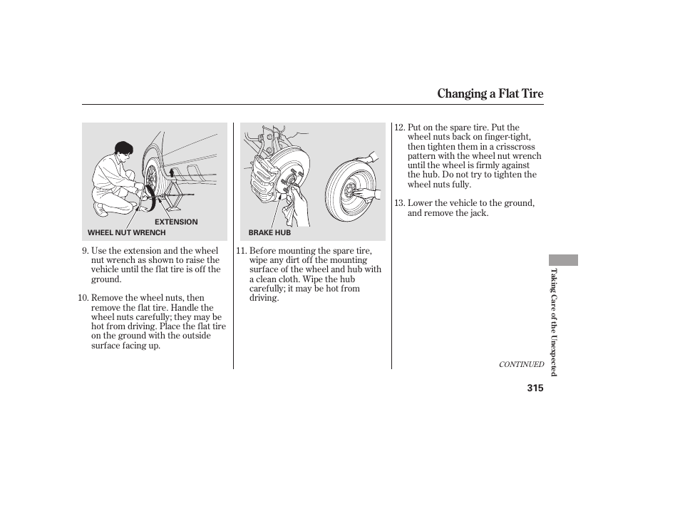 Changing a flat tire | HONDA 2008 User Manual | Page 321 / 374