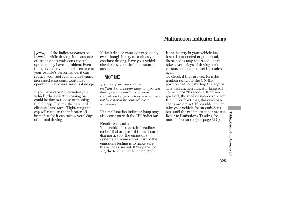 Malfunction indicator lamp | HONDA 2008 User Manual | Page 331 / 374