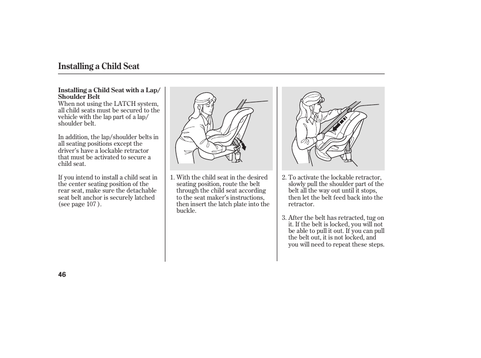 Installing a child seat | HONDA 2008 User Manual | Page 52 / 374