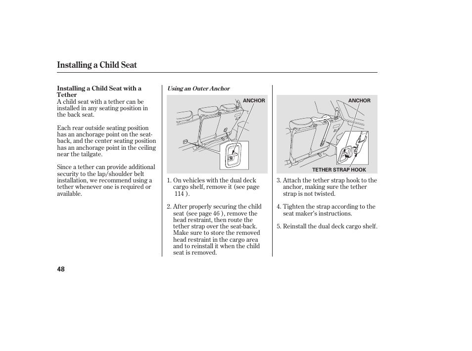 Installing a child seat | HONDA 2008 User Manual | Page 54 / 374