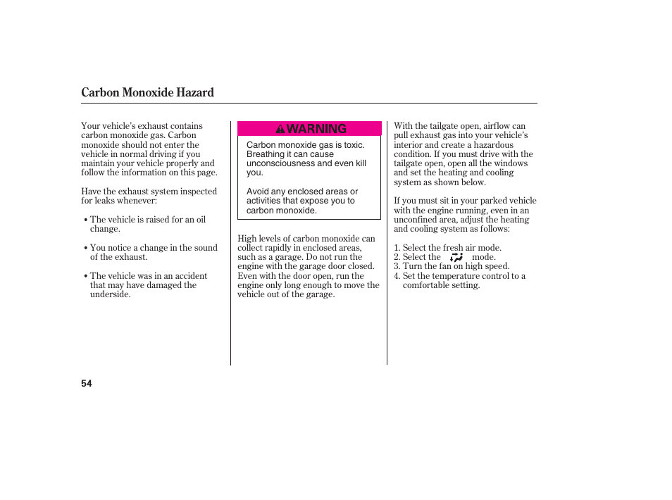 Carbon monoxide hazard | HONDA 2008 User Manual | Page 60 / 374