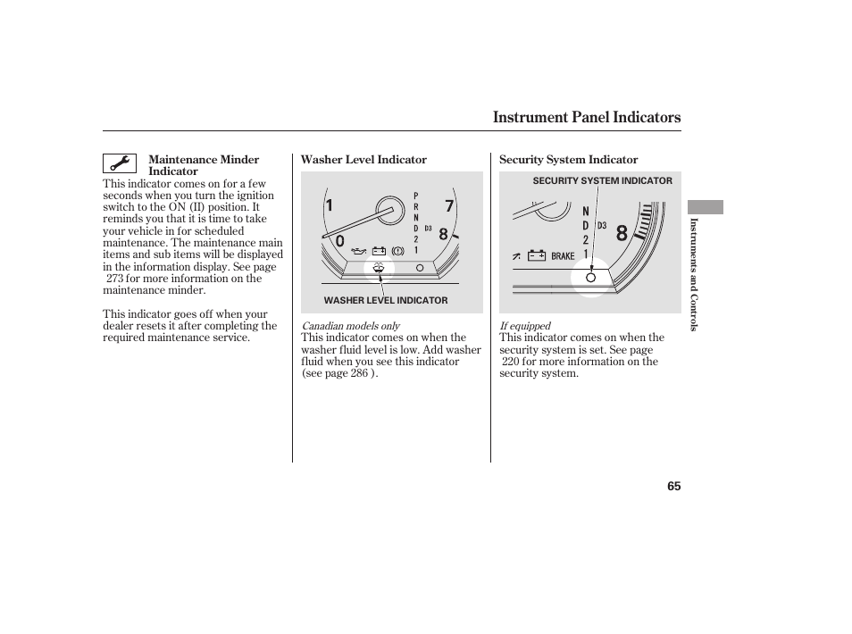 Instrument panel indicators | HONDA 2008 User Manual | Page 71 / 374