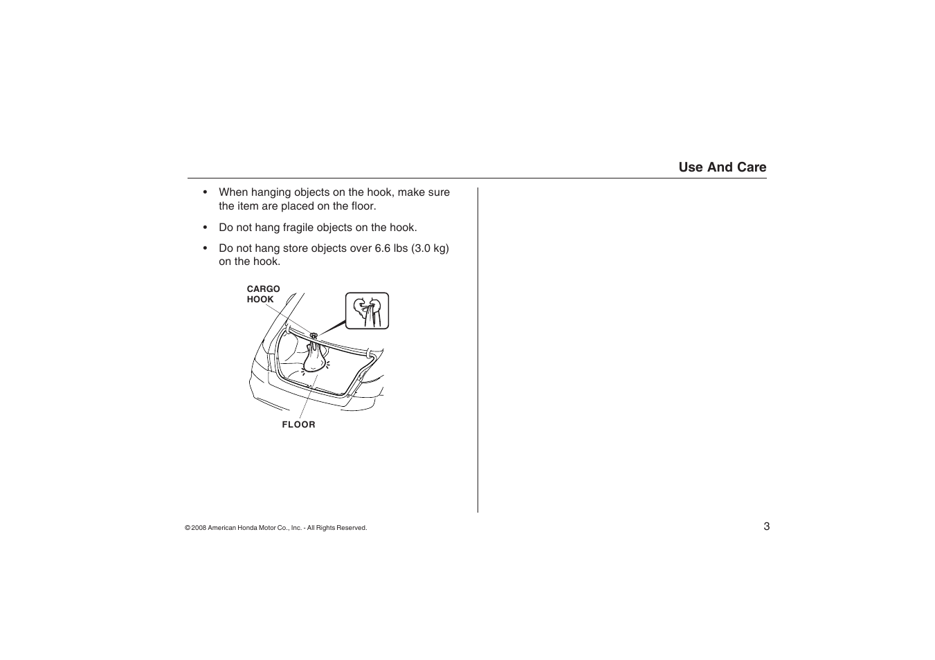 Use and care | HONDA 2007 Accord Cargo Hook User Manual | Page 3 / 4