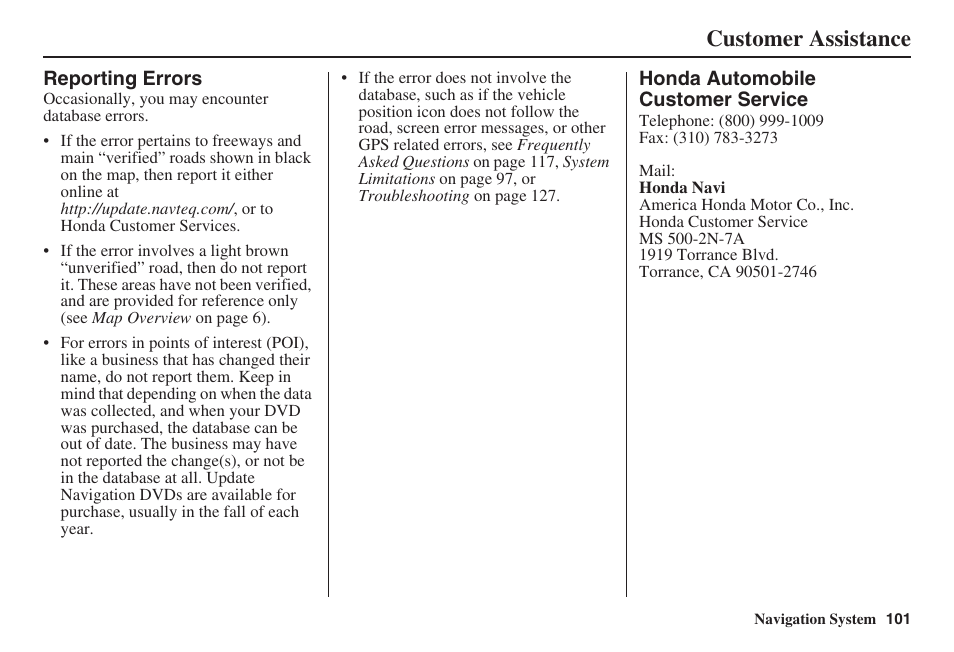 Customer assistance | HONDA 2008 Civic Navigation User Manual | Page 102 / 145