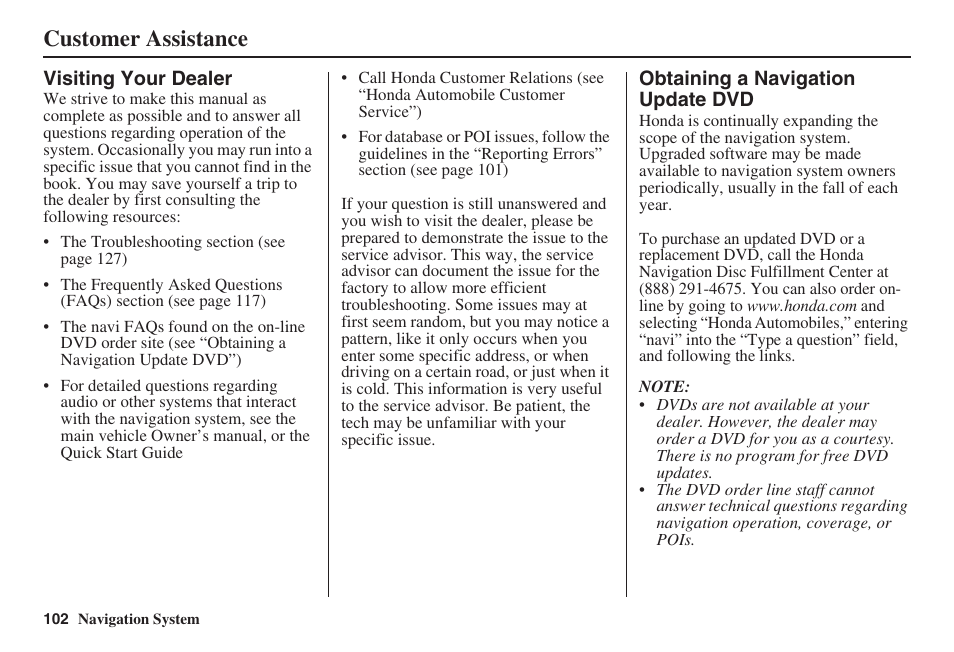 Customer assistance | HONDA 2008 Civic Navigation User Manual | Page 103 / 145