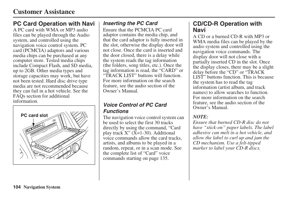 Customer assistance | HONDA 2008 Civic Navigation User Manual | Page 105 / 145