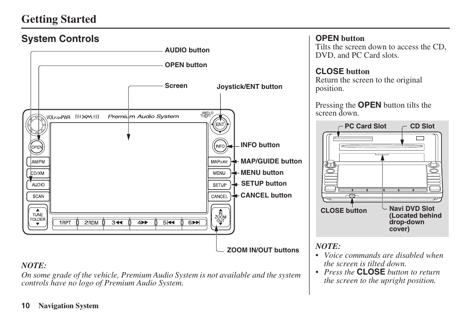 Getting started, System controls | HONDA 2008 Civic Navigation User Manual | Page 11 / 145