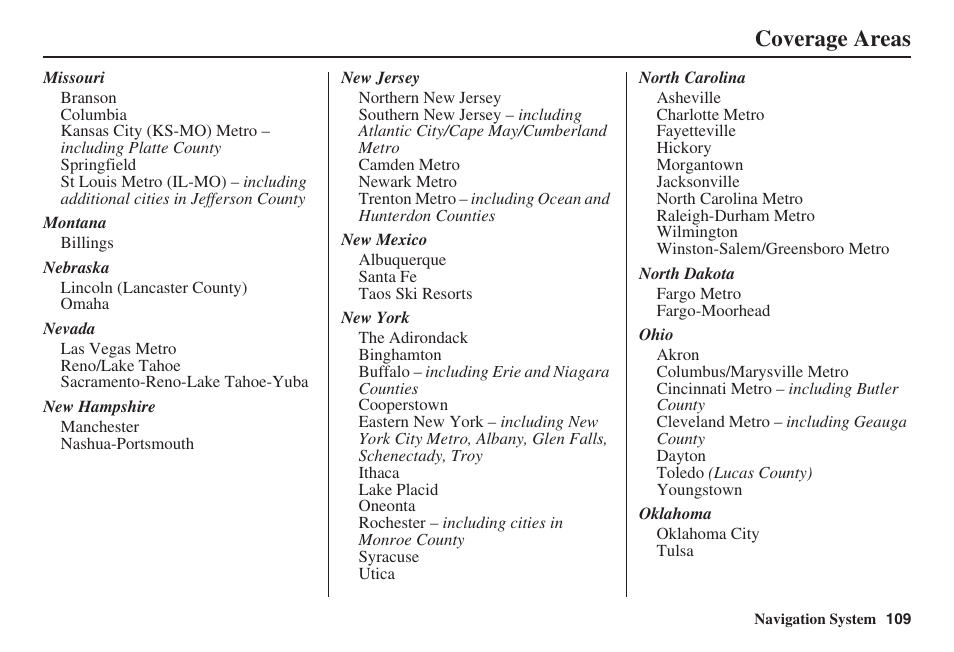 Coverage areas | HONDA 2008 Civic Navigation User Manual | Page 110 / 145