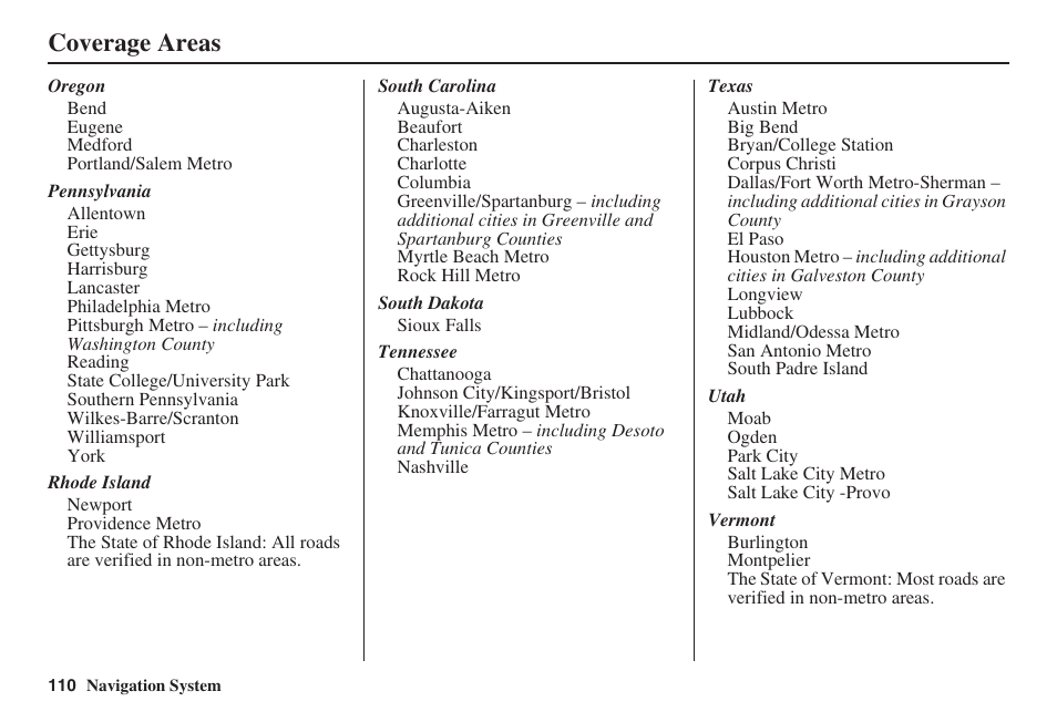 Coverage areas | HONDA 2008 Civic Navigation User Manual | Page 111 / 145