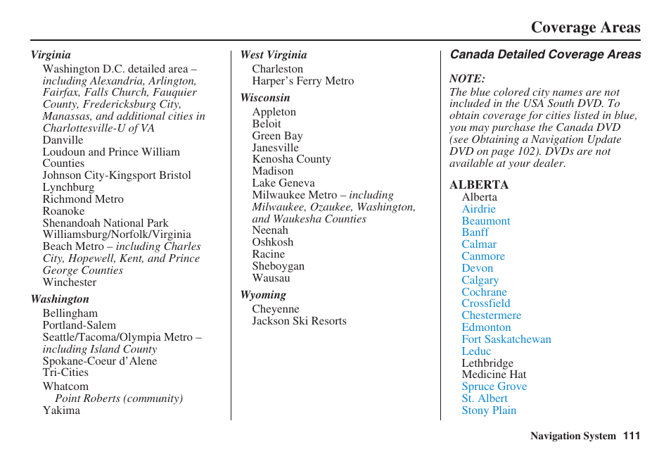 Coverage areas | HONDA 2008 Civic Navigation User Manual | Page 112 / 145