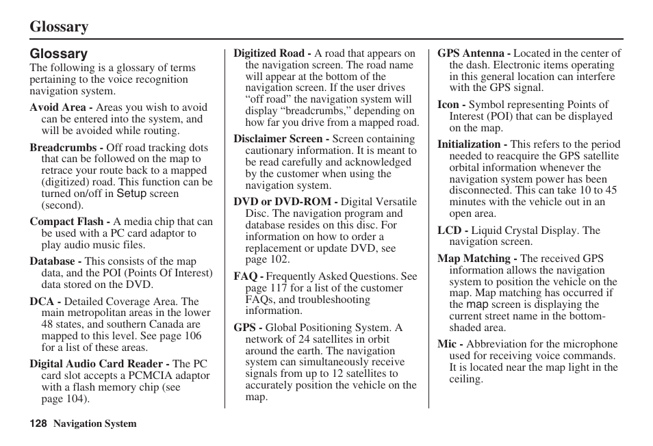 Glossary | HONDA 2008 Civic Navigation User Manual | Page 129 / 145