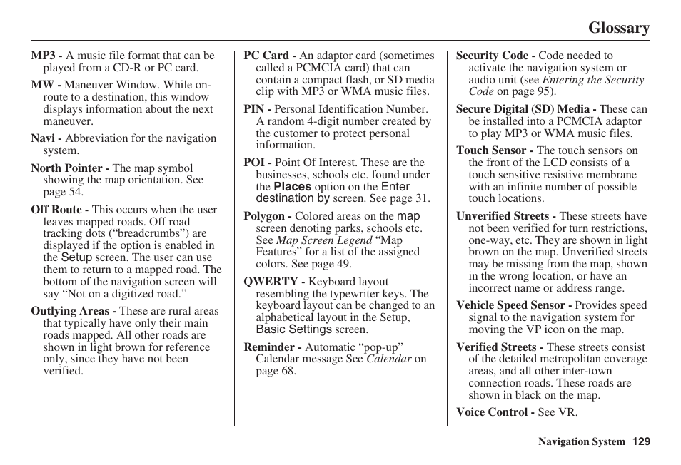 Glossary | HONDA 2008 Civic Navigation User Manual | Page 130 / 145