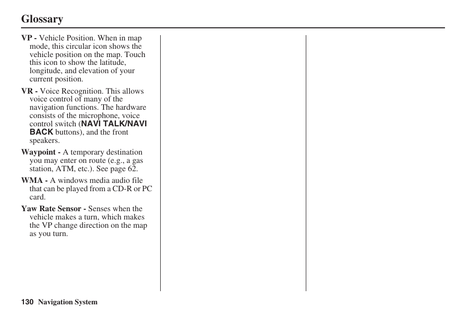 Glossary | HONDA 2008 Civic Navigation User Manual | Page 131 / 145
