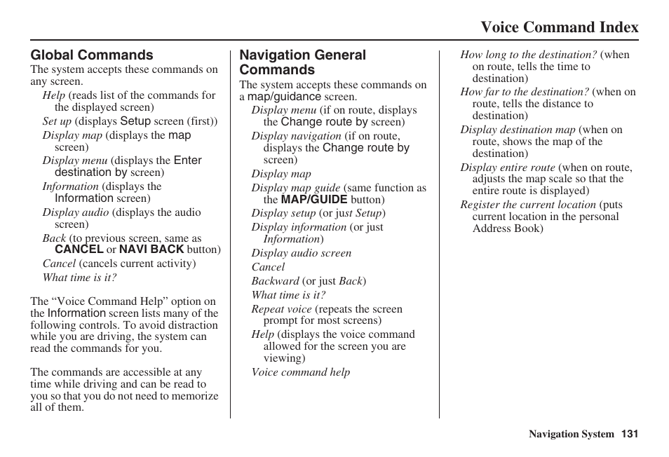 Voice command index | HONDA 2008 Civic Navigation User Manual | Page 132 / 145