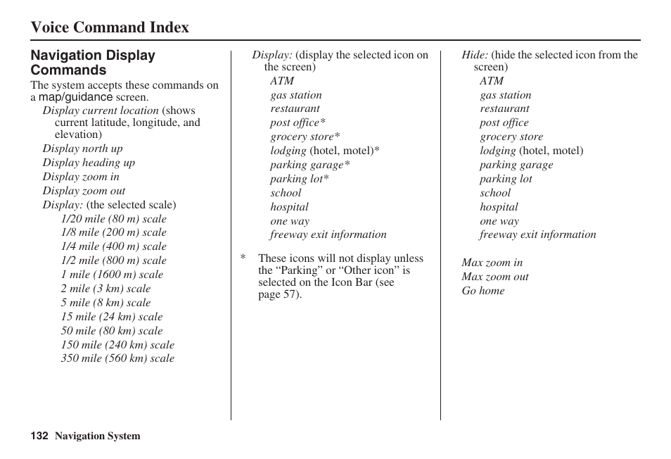 Voice command index | HONDA 2008 Civic Navigation User Manual | Page 133 / 145