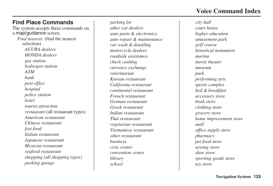 Voice command index | HONDA 2008 Civic Navigation User Manual | Page 134 / 145
