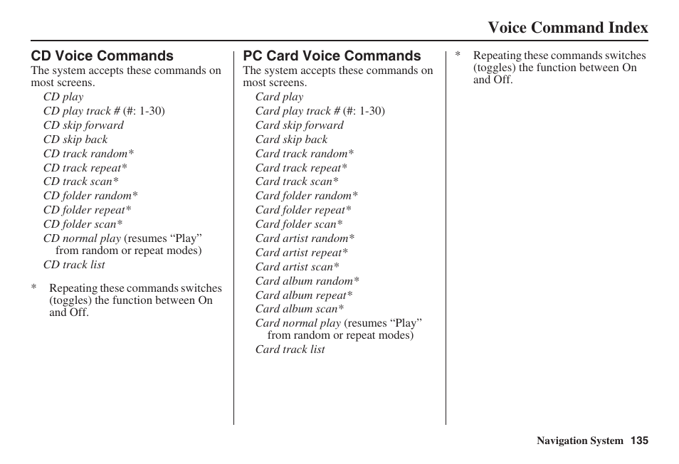 Voice command index | HONDA 2008 Civic Navigation User Manual | Page 136 / 145
