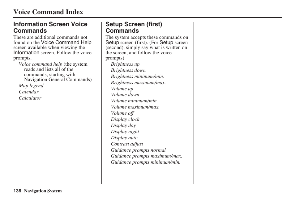 Voice command index | HONDA 2008 Civic Navigation User Manual | Page 137 / 145