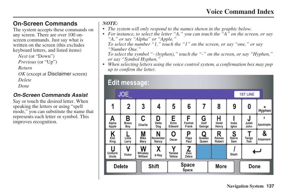 Voice command index, On-screen commands, On-screen commands assist | Navigation system 137 | HONDA 2008 Civic Navigation User Manual | Page 138 / 145