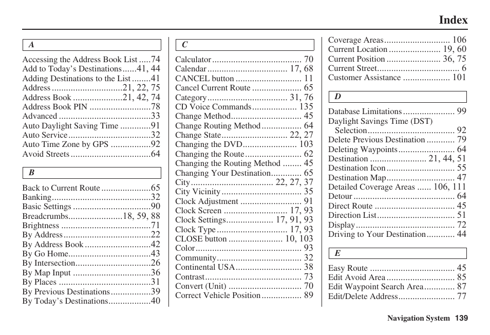 Index | HONDA 2008 Civic Navigation User Manual | Page 140 / 145