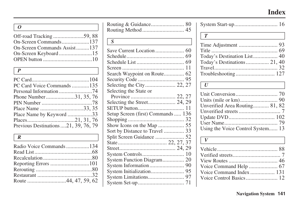 Index | HONDA 2008 Civic Navigation User Manual | Page 142 / 145
