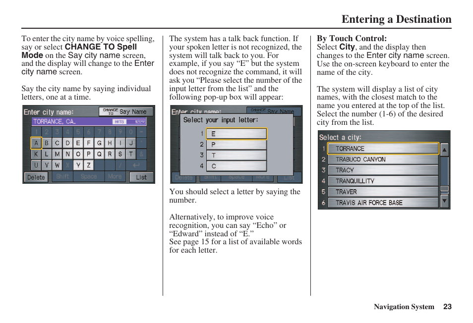 Entering a destination | HONDA 2008 Civic Navigation User Manual | Page 24 / 145