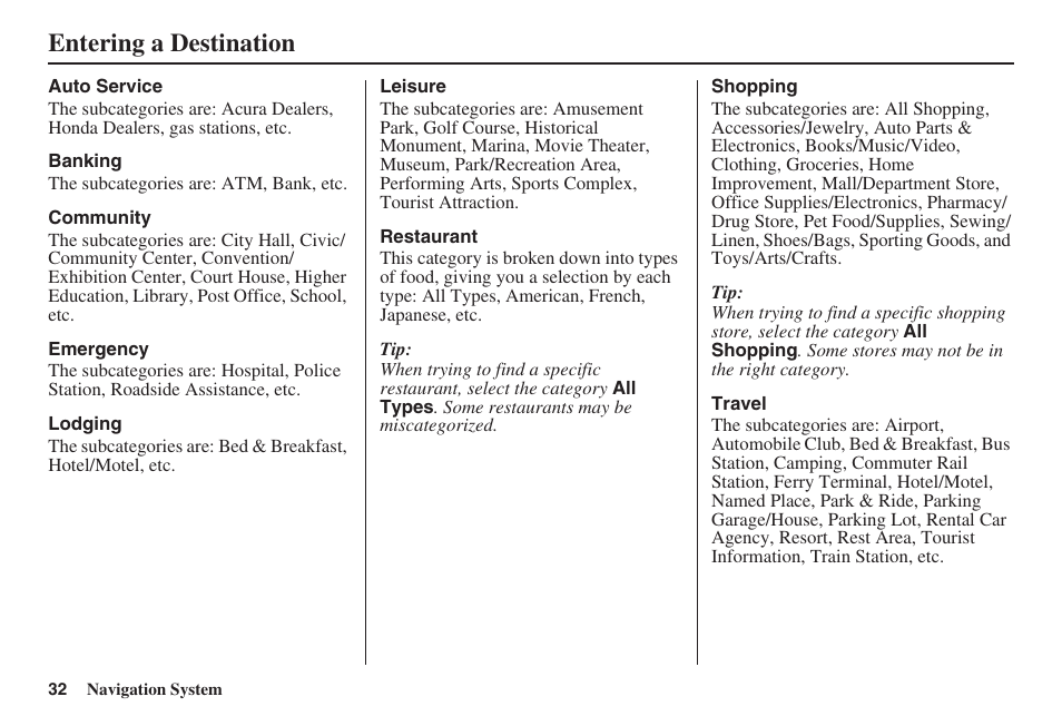 Entering a destination | HONDA 2008 Civic Navigation User Manual | Page 33 / 145
