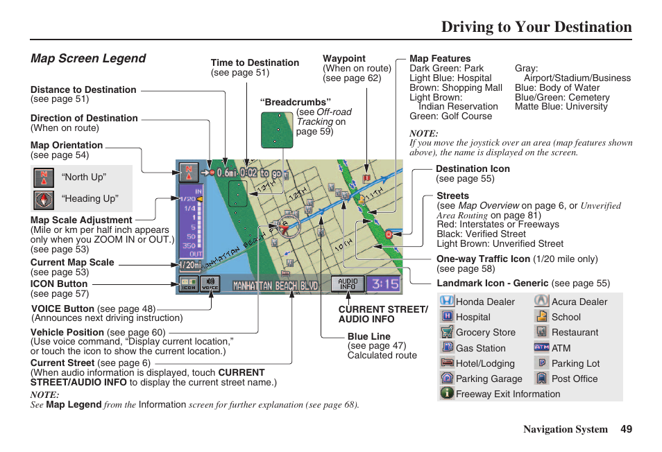 Driving to your destination, Map screen legend | HONDA 2008 Civic Navigation User Manual | Page 50 / 145
