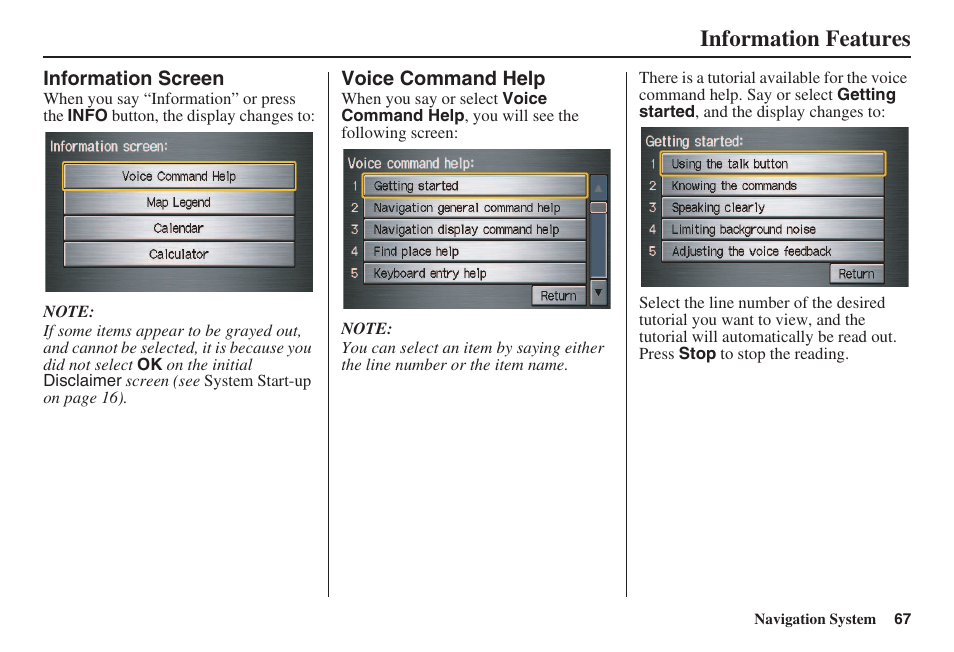 Information features | HONDA 2008 Civic Navigation User Manual | Page 68 / 145