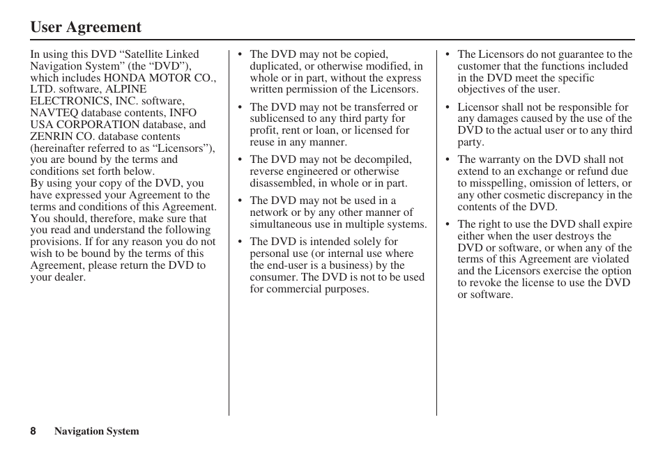 User agreement | HONDA 2008 Civic Navigation User Manual | Page 9 / 145