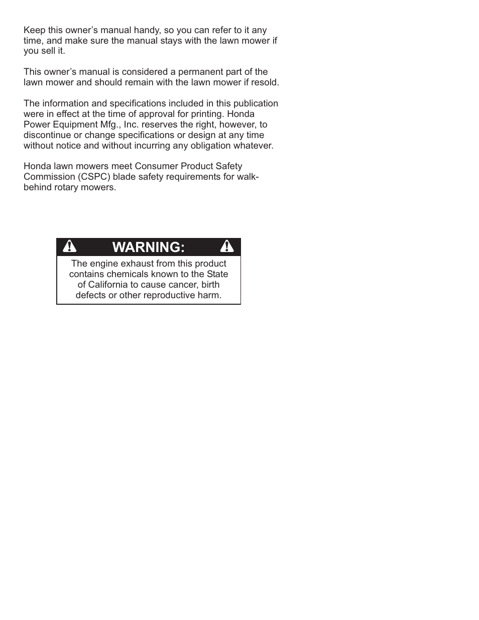 Introduction, Bwarning | HONDA HRS216SDA User Manual | Page 2 / 63