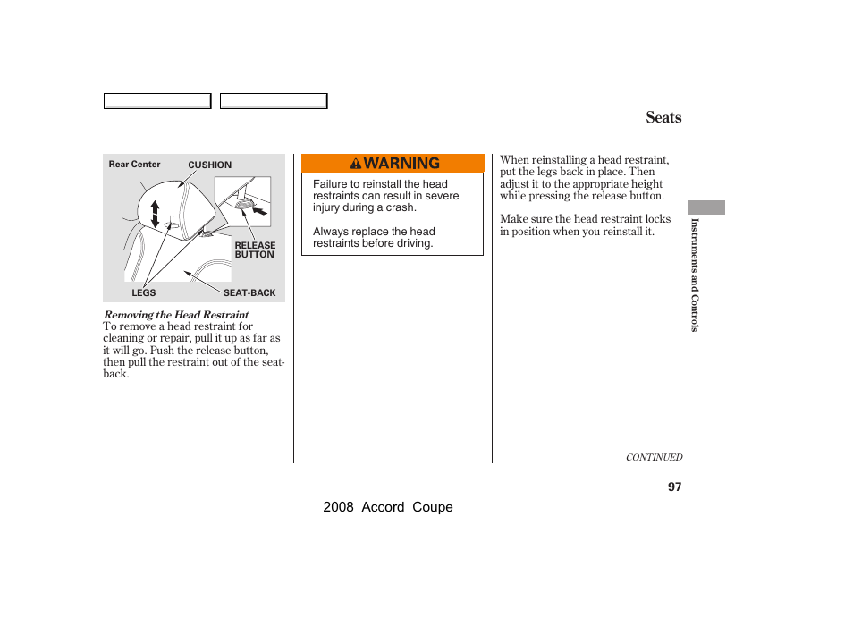Seats, 2008 accord coupe | HONDA 2008 Accord Coupe User Manual | Page 100 / 412