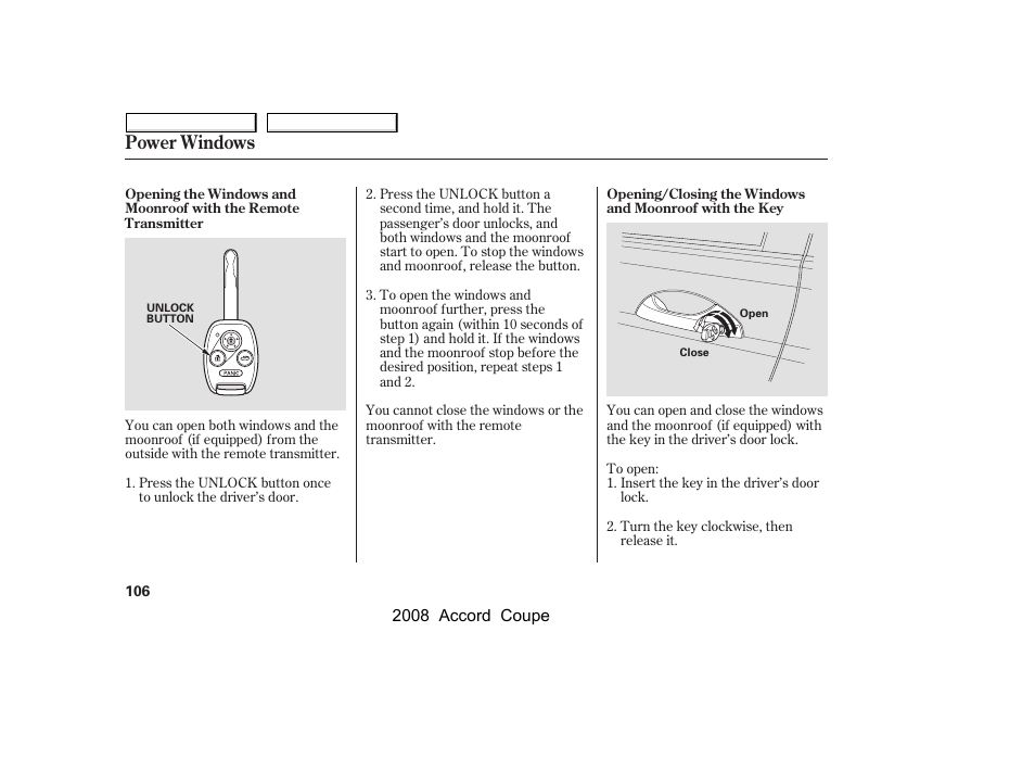 Power windows | HONDA 2008 Accord Coupe User Manual | Page 109 / 412