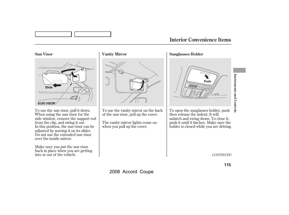 Interior convenience items, 2008 accord coupe | HONDA 2008 Accord Coupe User Manual | Page 118 / 412