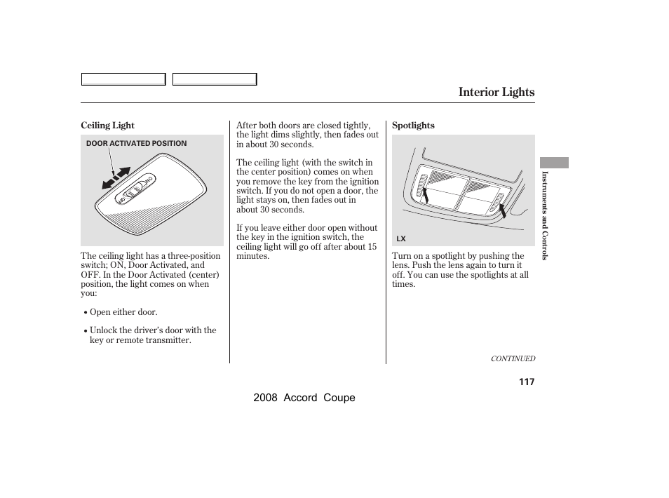 Interior lights, 2008 accord coupe | HONDA 2008 Accord Coupe User Manual | Page 120 / 412